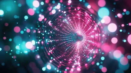 Poster - Abstract Vibrant Light Tunnel with Bokeh Effects in Pink and Blue Colors, Creating a Sense of Depth and Movement in a Digital Environment