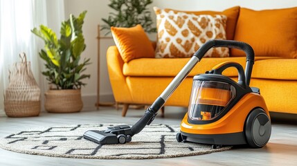 Poster - A vacuum cleaner parked next to a wall in a tidy living room with a carpet and a sofa.
