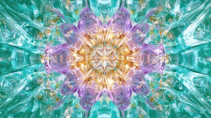Poster - Vibrant Kaleidoscopic Pattern with Crystal-Like Texture in Shades of Blue, Purple, and Gold Evoking Serenity and Artistic Inspiration