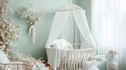 Poster - A beautiful pastel green nursery with a white wicker canopy bassinet, surrounded by soft floral decor and a peaceful ambiance.