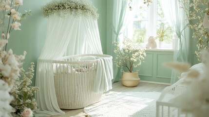 Poster - A beautiful pastel green nursery with a white wicker canopy bassinet, surrounded by soft floral decor and a peaceful ambiance.