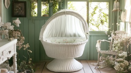 Poster - A beautiful pastel green nursery with a white wicker canopy bassinet, surrounded by soft floral decor and a peaceful ambiance.