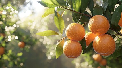 Ripe oranges on tree branch, sunny orchard background, healthy citrus harvest, food industry use