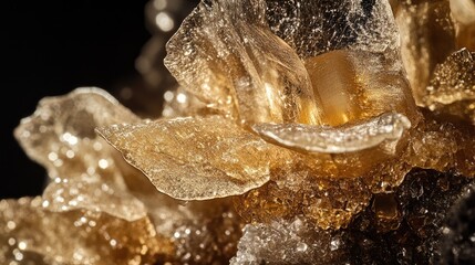 Poster - A close-up of a natural raw gold nugget cluster on a black background, showcasing the intricate beauty and texture of gold crystals.
