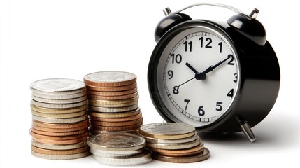Poster - A close-up of an alarm clock next to stacked coins, illustrating the relationship between time and wealth in financial growth and planning.