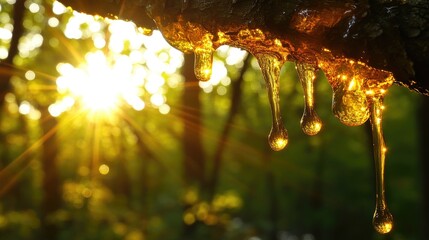 Poster - A close-up of golden tree sap dripping from a branch in a sunlit forest, revealing nature's amber treasure in a beautiful, serene scene.