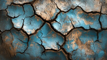 Poster - A close-up of weathered blue paint on cracked bark texture, showcasing the contrast between the aged wood and vibrant paint, highlighting nature imperfection.