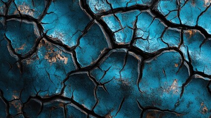 Poster - A close-up of weathered blue paint on cracked bark texture, showcasing the contrast between the aged wood and vibrant paint, highlighting nature imperfection.