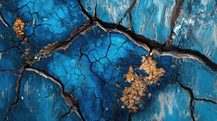Poster - A close-up of weathered blue paint on cracked bark texture, showcasing the contrast between the aged wood and vibrant paint, highlighting nature imperfection.