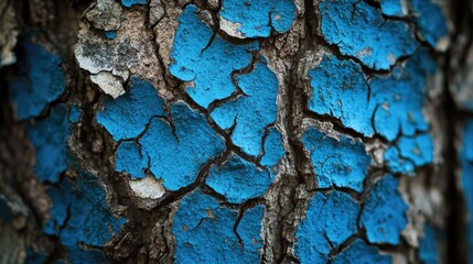 Poster - A close-up view of weathered blue paint on the cracked bark of a tree, blending the colors of nature and man-made paint, capturing the essence of time.