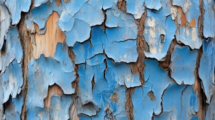 Poster - A close-up view of weathered blue paint on the cracked bark of a tree, blending the colors of nature and man-made paint, capturing the essence of time.