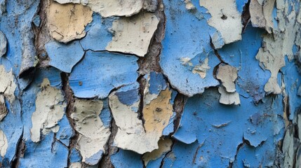 Poster - A close-up view of weathered blue paint on the cracked bark of a tree, blending the colors of nature and man-made paint, capturing the essence of time.