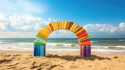 Poster - A colorful arch of books on the sandy beach, with the ocean waves rolling and a sunny blue sky, creating a perfect harmony of nature and education.