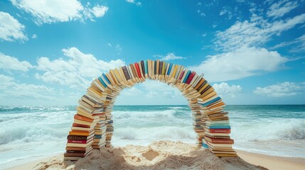 Poster - A colorful arch of books on the sandy beach, with the ocean waves rolling and a sunny blue sky, creating a perfect harmony of nature and education.