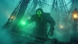 A pirate ghost aboard a broken shipwreck, glowing green with tattered sails and misty ocean background, 
