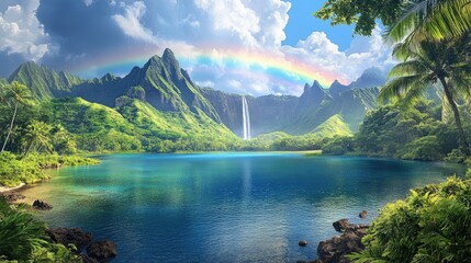 Poster - A colorful tropical lake with lush green trees, framed by a majestic rainbow over the mountains, creating a serene, natural landscape.