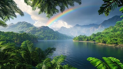 Poster - A colorful tropical lake with lush green trees, framed by a majestic rainbow over the mountains, creating a serene, natural landscape.