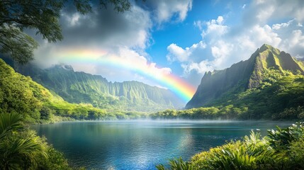 Poster - A colorful tropical lake with lush green trees, framed by a majestic rainbow over the mountains, creating a serene, natural landscape.
