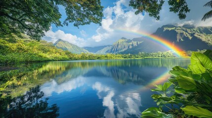 Poster - A colorful tropical lake with lush green trees, framed by a majestic rainbow over the mountains, creating a serene, natural landscape.