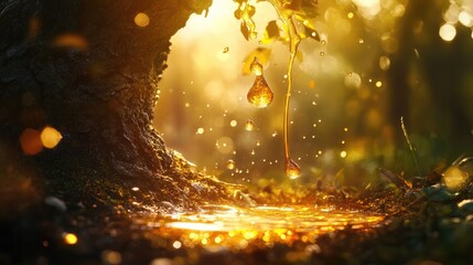 Poster - A drop of golden sap falling from a tree in a sunlit forest, with sunlight glistening off the amber liquid, creating a beautiful and magical moment.