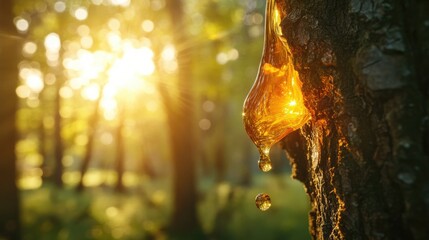 Poster - A drop of golden sap falling from a tree in a sunlit forest, with sunlight glistening off the amber liquid, creating a beautiful and magical moment.
