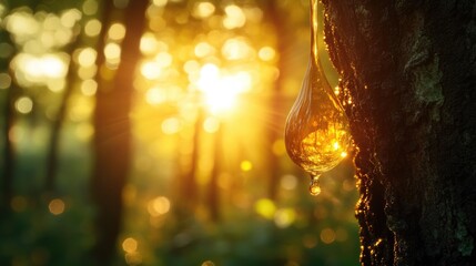 Poster - A drop of golden sap falling from a tree in a sunlit forest, with sunlight glistening off the amber liquid, creating a beautiful and magical moment.