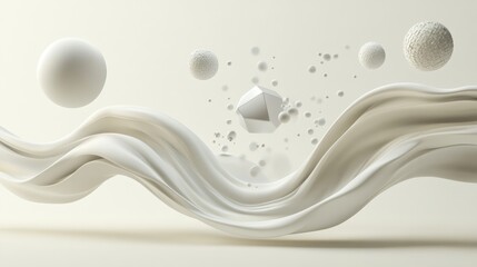 Aufkleber - A dynamic, abstract creamy wave with floating geometric shapes, including spheres and cubes, evoking a futuristic and smooth design.