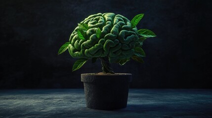 Aufkleber - A futuristic green plant designed to resemble a brain, in a pot against a dark backdrop, representing a blend of nature and innovation.