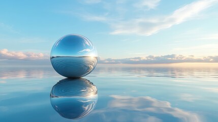 Poster - A futuristic liquid metal sphere floating on calm water, reflecting the blue sky above, creating a striking, otherworldly scene.