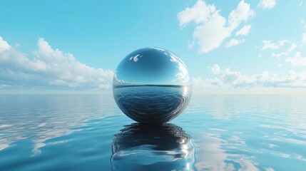 Poster - A futuristic liquid metal sphere floating on calm water, reflecting the blue sky above, creating a striking, otherworldly scene.