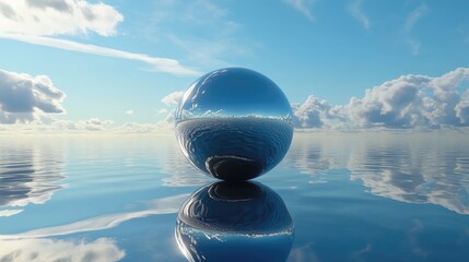 Poster - A futuristic metallic sphere suspended on water, perfectly reflecting the blue sky, creating a high-tech, serene environment.