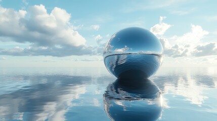 Poster - A futuristic metallic sphere suspended on water, perfectly reflecting the blue sky, creating a high-tech, serene environment.