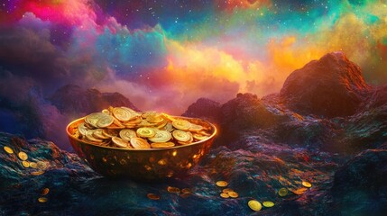 Aufkleber - A glimmering bowl of gold coins and jewels, placed on a rocky surface, illuminated by the vibrant colors of a rainbow-filled sky above.