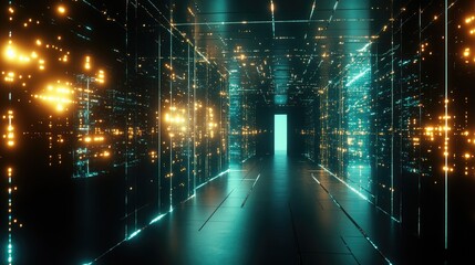Poster - A glowing abstract surface filled with luminous nodes, suspended in dark space, creating a futuristic and high-tech atmosphere.