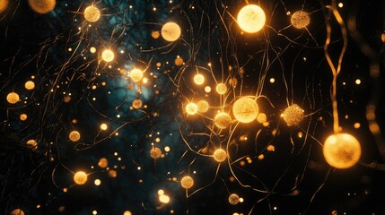 Poster - A glowing abstract surface filled with luminous nodes, suspended in dark space, creating a futuristic and high-tech atmosphere.