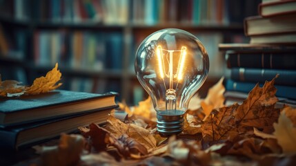 Poster - A glowing light bulb surrounded by books and leaves in a cozy library setting, symbolizing the fusion of ideas, knowledge, and nature.