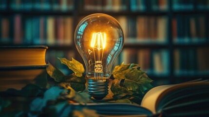 Poster - A glowing light bulb surrounded by books and leaves in a cozy library setting, symbolizing the fusion of ideas, knowledge, and nature.