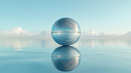 Poster - A liquid metal sphere hovering over still water, reflecting the serene blue sky, offering a glimpse into a futuristic, harmonious world.