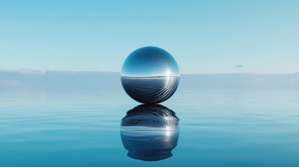 Poster - A liquid metal sphere hovering over still water, reflecting the serene blue sky, offering a glimpse into a futuristic, harmonious world.