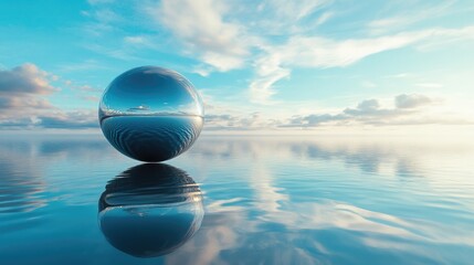 Poster - A liquid metal sphere hovering over still water, reflecting the serene blue sky, offering a glimpse into a futuristic, harmonious world.