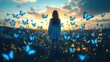 © RONNY - Silhouetted woman in field of glowing blue butterflies at sunset.