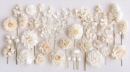 Poster - A minimalist yet elegant display of soft white and cream flowers, arranged beautifully on a light, neutral background.