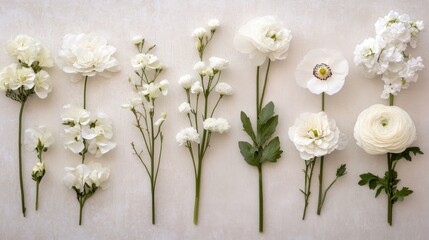 Poster - A minimalist yet elegant display of soft white and cream flowers, arranged beautifully on a light, neutral background.
