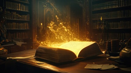 Poster - A mysterious book with a glowing aura, open on a desk in a dimly lit library, casting an ethereal light in a quiet, enchanted space.