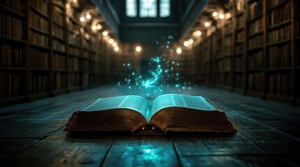 Poster - A mystical, glowing book in a dimly lit library, exuding an enchanting magical aura, evoking a sense of mystery and wonder.