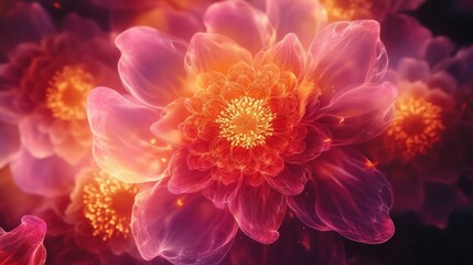 Poster - Vibrant Floral Fantasy with Ethereal Petals Illuminating a Dreamlike Garden - A Stunning Display of Colorful Blossoms Against a Deep Background