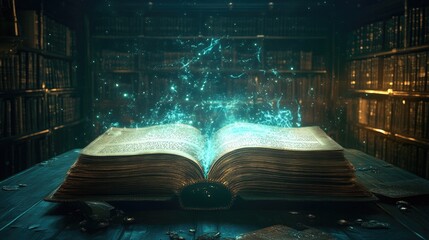 Poster - A mystical, glowing book in a dimly lit library, exuding an enchanting magical aura, evoking a sense of mystery and wonder.