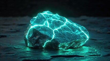 Poster - A neon-infused glowing rock on a dark surface, showcasing futuristic technology with mesmerizing cracks of light illuminating the surroundings.