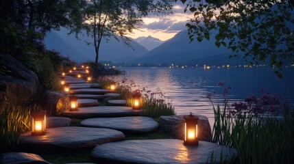 Aufkleber - A peaceful lakeside stone path at dusk, lit by glowing lanterns, with stunning mountain views in the background, creating a tranquil atmosphere.