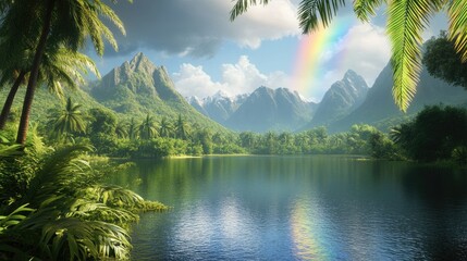 Poster - A peaceful tropical lake surrounded by vibrant greenery, with a rainbow illuminating the majestic mountains in the distance.